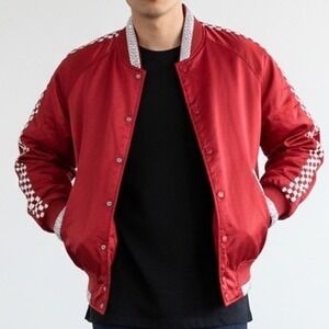 21 Men Red Sequin Checkerboard Bomber Jacket Snap Mens S street Urban glam indie